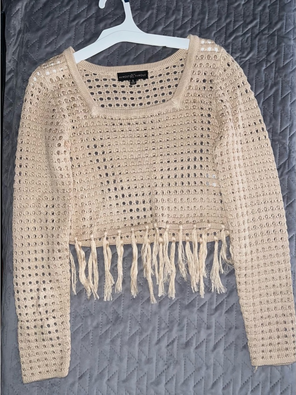 Almost Famous Beige Cropped Crochet Fringe Top